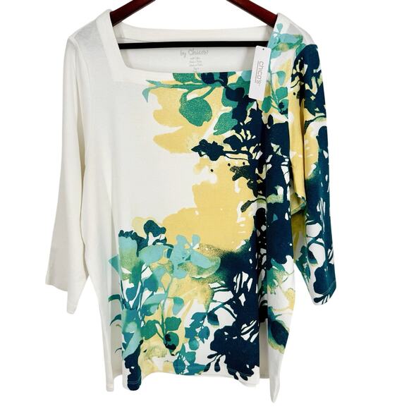 NEW NWT Chicos Plus Size XXL 2X 4 Green Yellow Tropical Blouse Shirt Top Beach - Picture 1 of 7